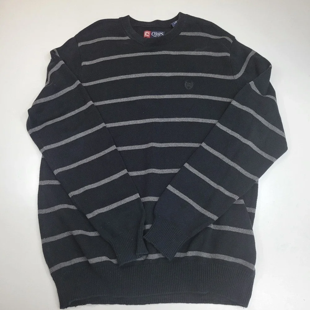 Chaps Mens Large Black Gray Striped Crewneck Sweater Cotton Pullover